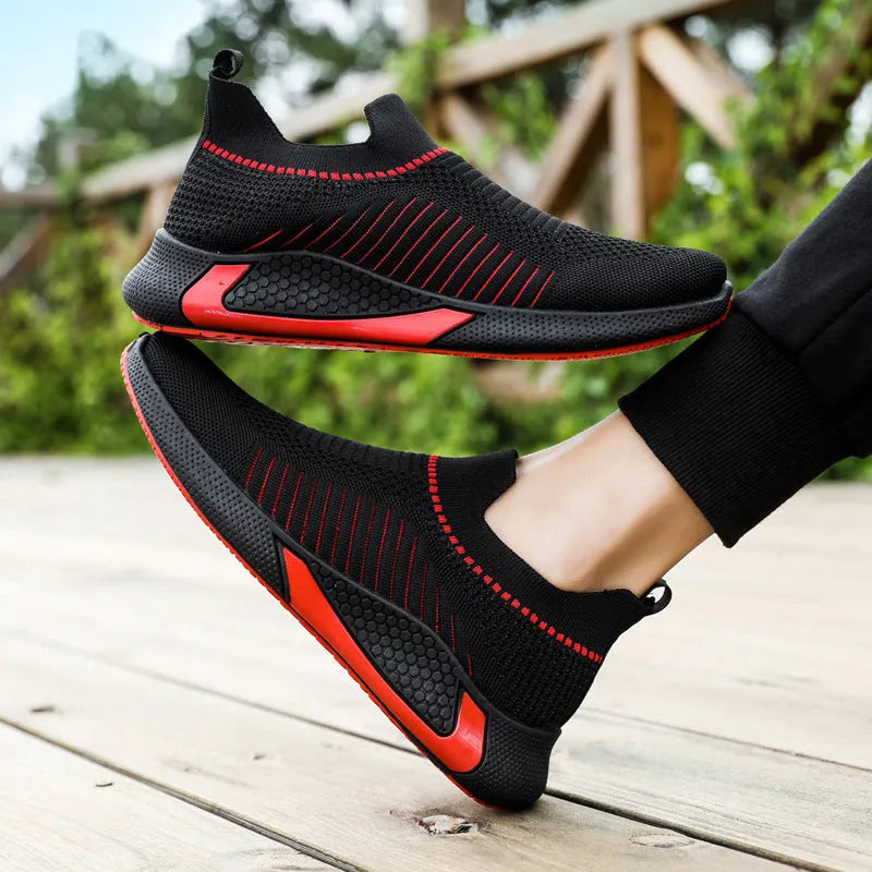 Men's striped mesh sock shoes with flyknit upper and lace-up closure in multiple colour options