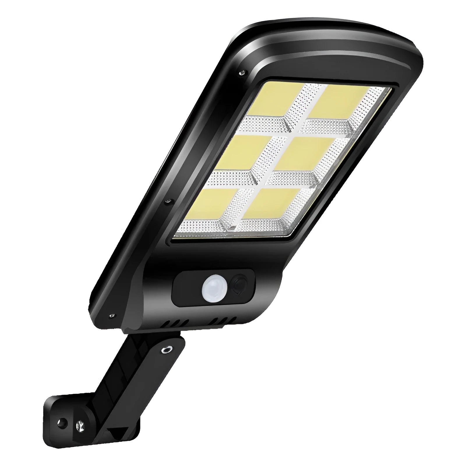 Black outdoor solar-powered motion sensor security light with solar panel on top.