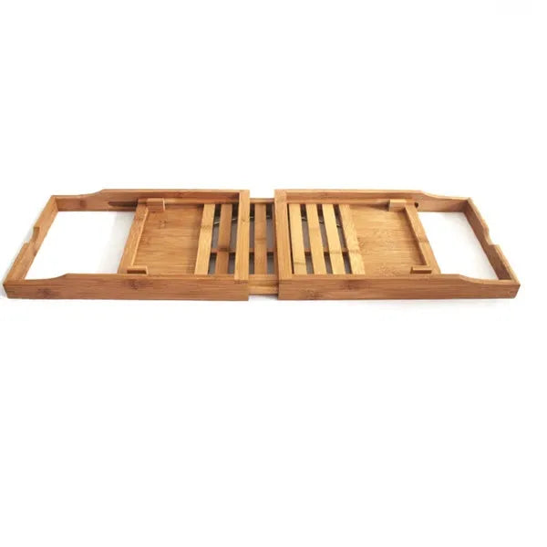 A bamboo bathtub frame storage organiser with a single shelf, shown on a bathroom desktop next to a tub.