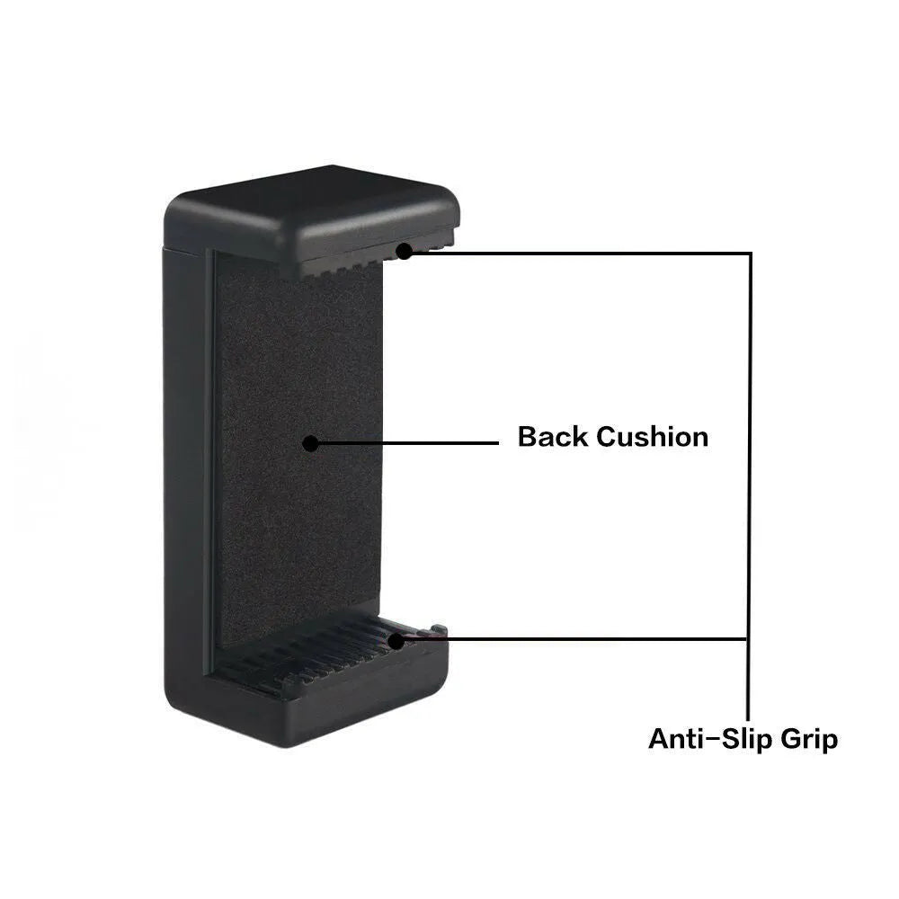 Black plastic rotating clamp phone holder with integrated note folder on a desk edge.