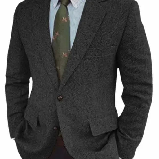 Men's brown herringbone pattern suit jacket with long sleeves and a retro business casual style.