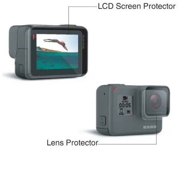 GoPro Hero camera with transparent tempered glass lens protector and LCD screen protector film applied.