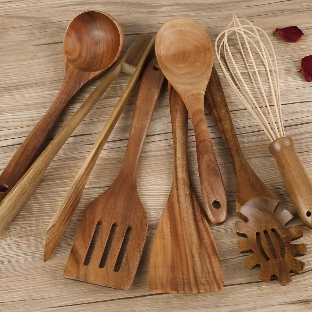 Wooden cooking utensils 7-piece set with non-slip handles for non-stick pans