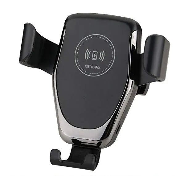 Black car wireless charger for iPhone mounted on a car vent with phone secured in automatic gravity clamp.
