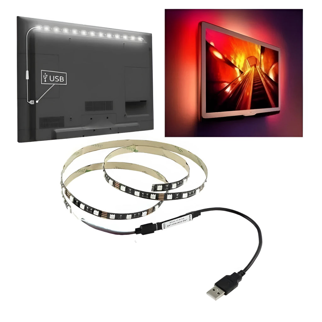 One-metre long flexible USB LED light strip showing multiple colour options including blue and white.