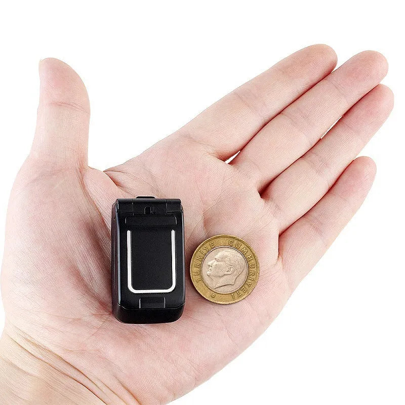 Mini flip phone with compact design showing flip cover mechanism and available in multiple colour options