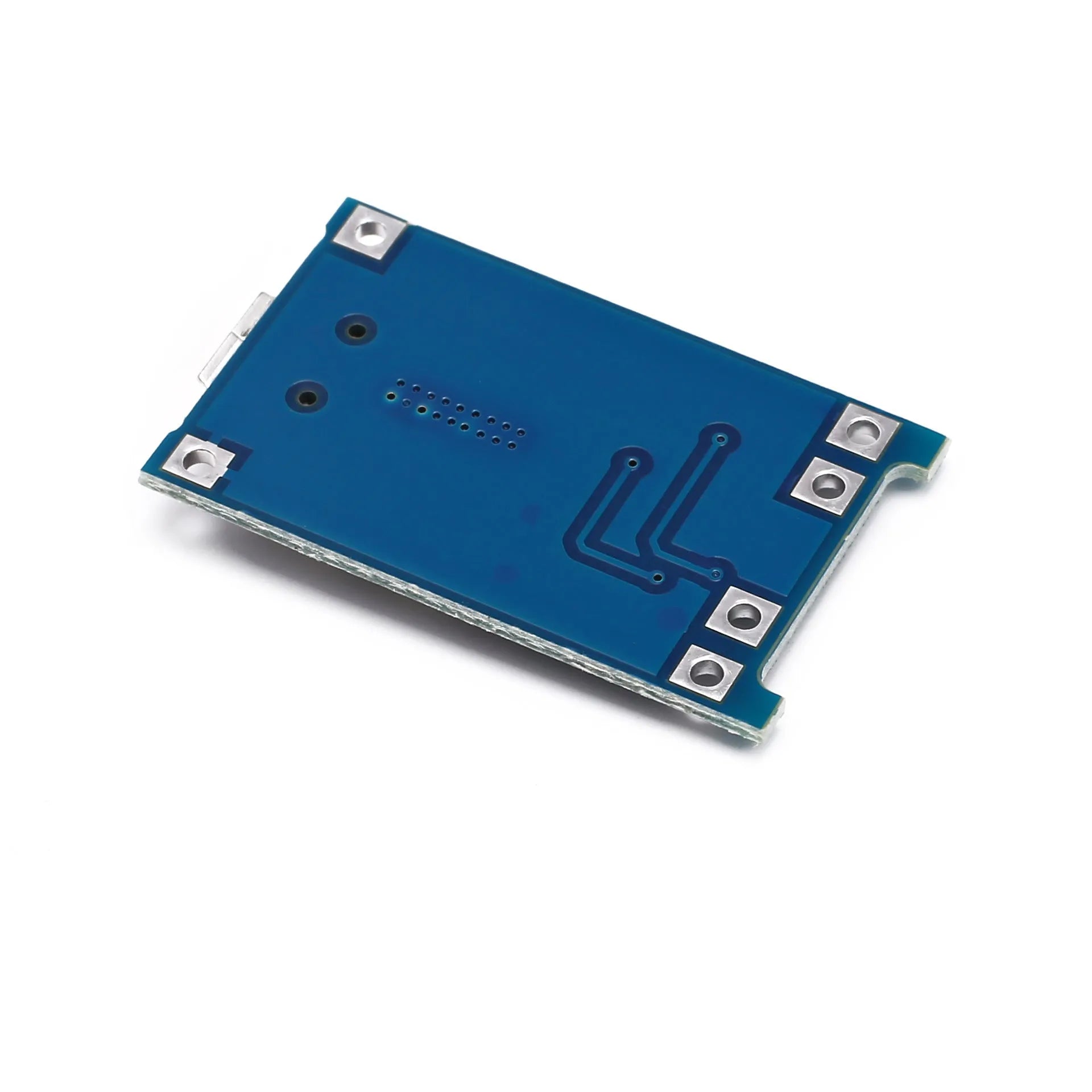 Blue lithium battery charging and protection circuit board with 5V input terminals.
