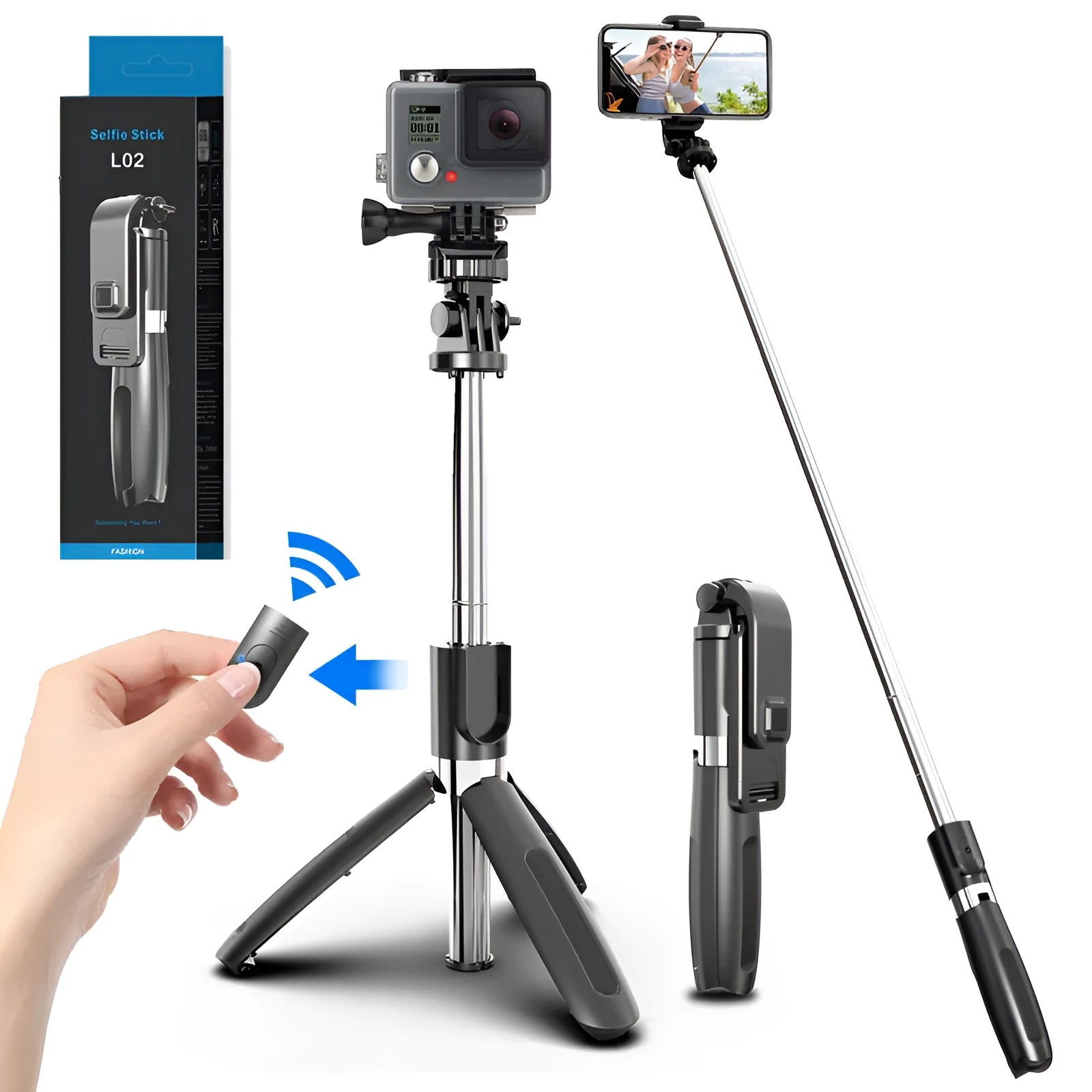 Black Bluetooth selfie stick with wireless remote, extended next to its tripod base.