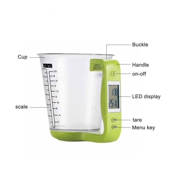 Green electronic kitchen scale measuring cup with LCD display built into handle showing weight measurement