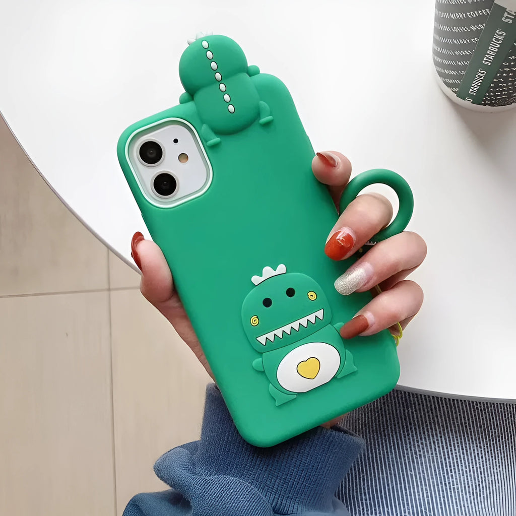 Green silicone iPhone case with cartoon animal design showing front and back views