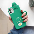 Green silicone iPhone case with cartoon animal design showing front and back views