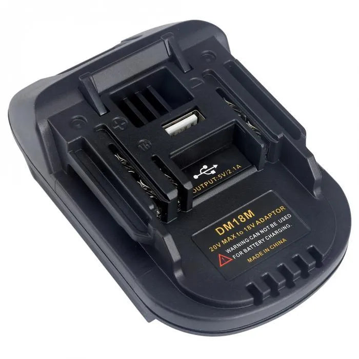 Black Milwaukee DM18M to Makita H99F battery adapter showing connection terminals