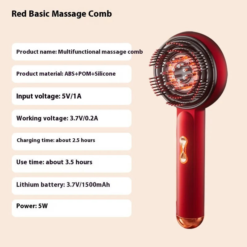 Black and red plastic electric massage comb for scalp with red and blue LED lights.