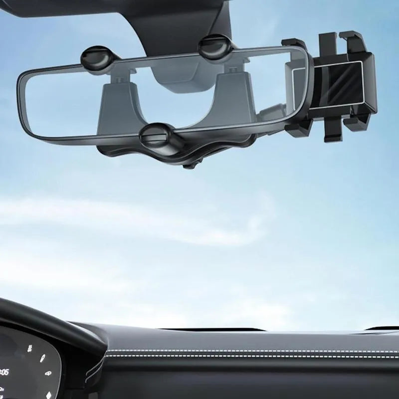 Black rearview mirror phone holder with 360° rotating head and retractable arm extended