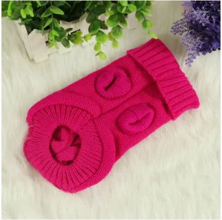 Knitted wool dog sweater with fabric buttons, available in eight colours and sizes XS to XXL