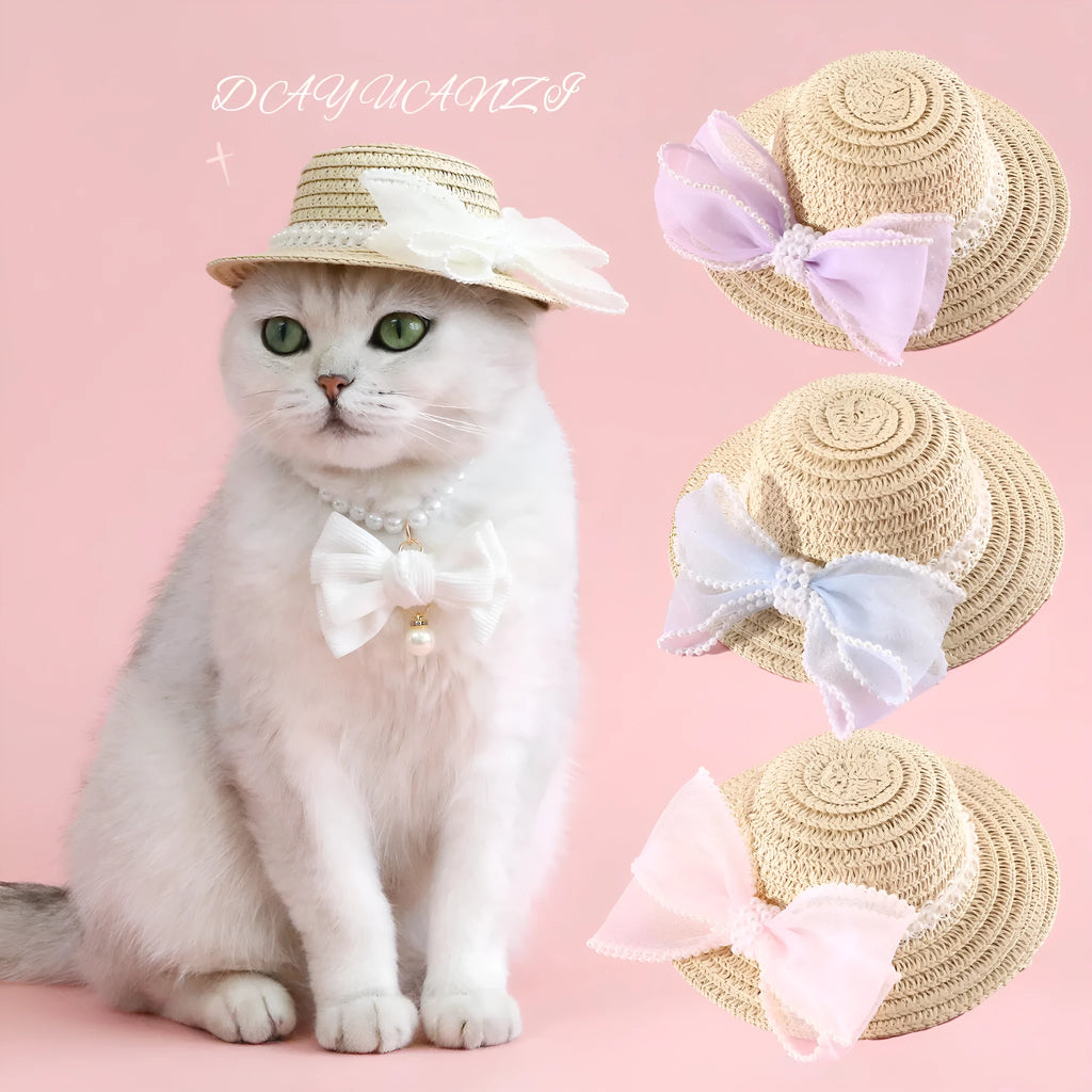 Pet cat wearing woven straw hat with pearl bow decoration in monochrome princess style