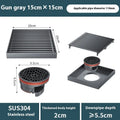 Gun grey 304 stainless steel courtyard floor drain measuring 15cm by 15cm.