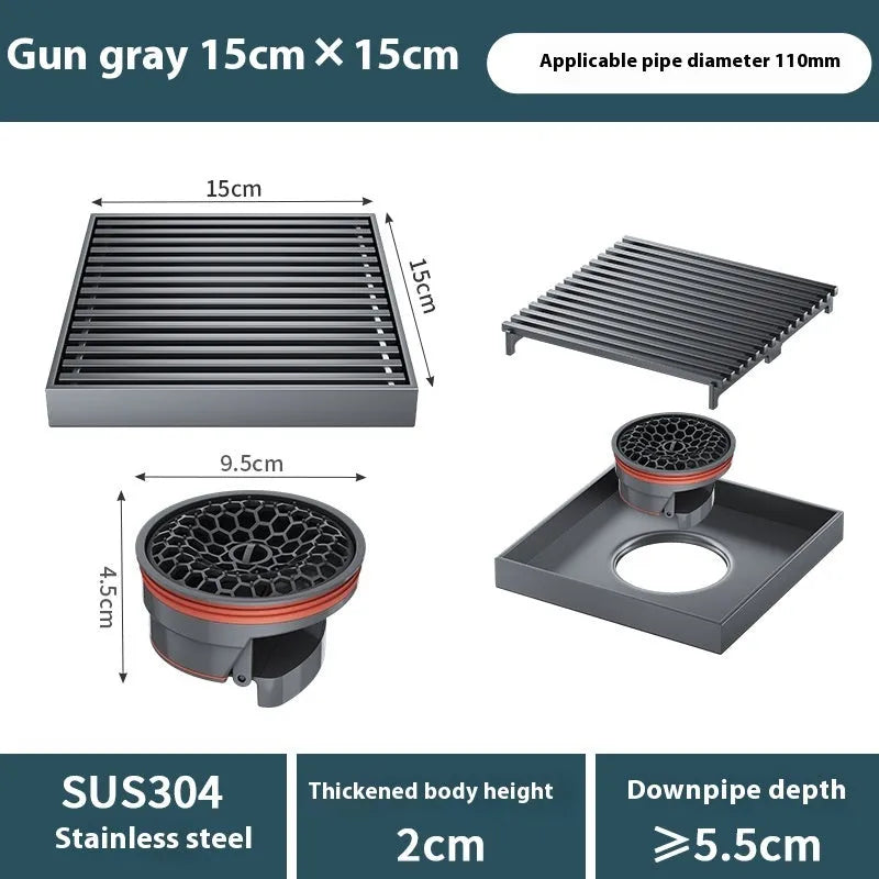 Gun grey 304 stainless steel courtyard floor drain measuring 15cm by 15cm.