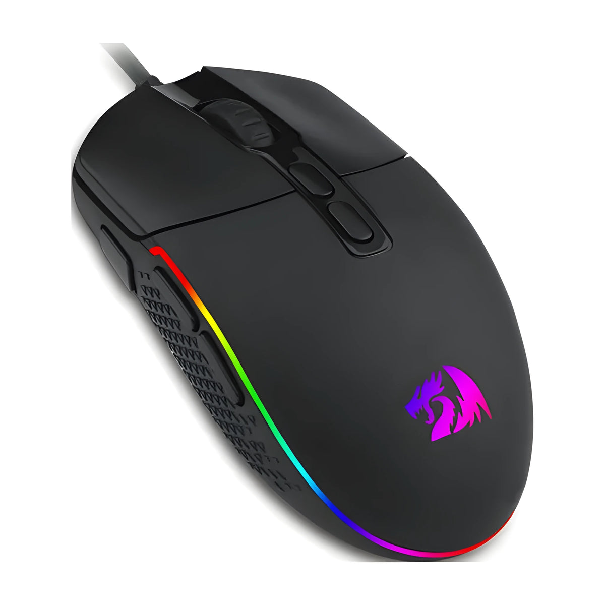 Black wired gaming mouse with 5000 DPI sensor, 9 buttons, USB cable and four-way scroll wheel for desktop PC