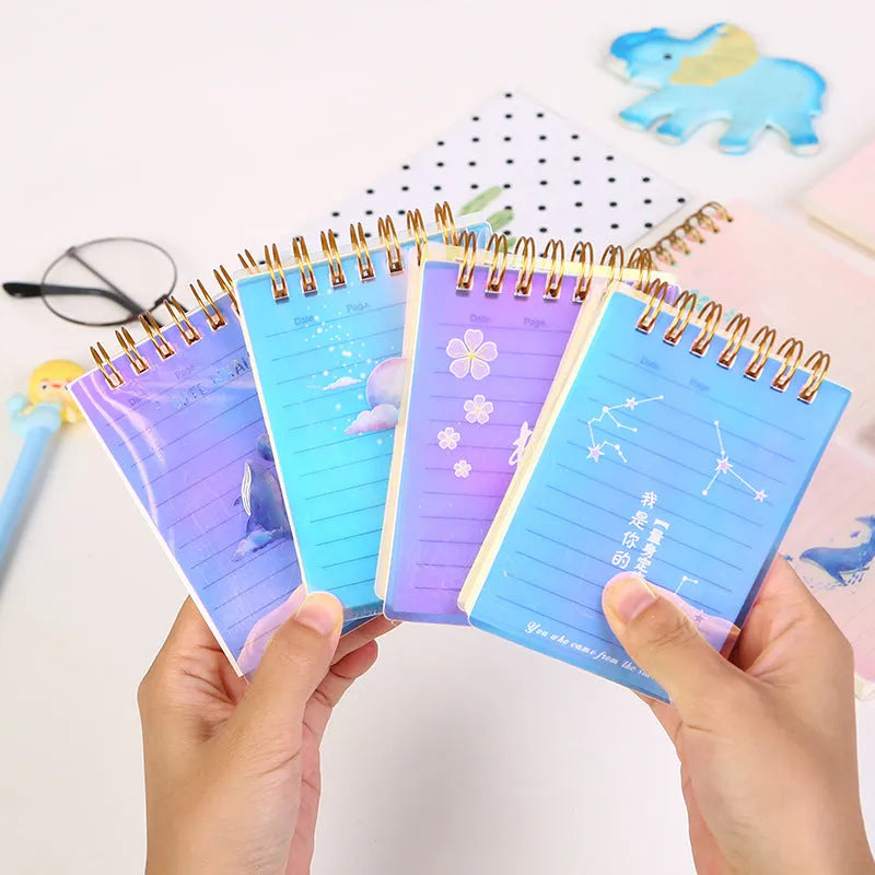 Rollover coil spiral notebook in A7 size with PP plastic cover showing Constellation design and open pages