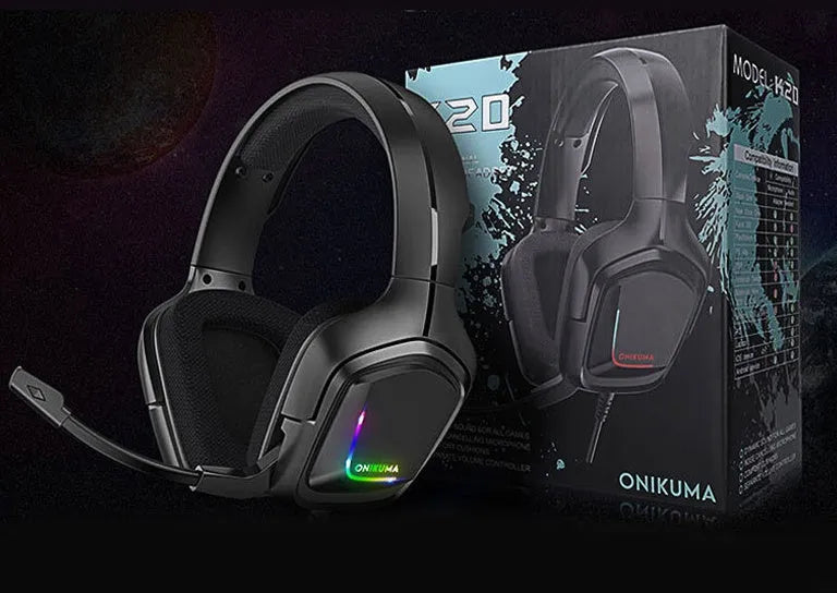 K20 RGB wired gaming headset with microphone, cloth ear muffs, and braided cable in black, camouflage grey, or white