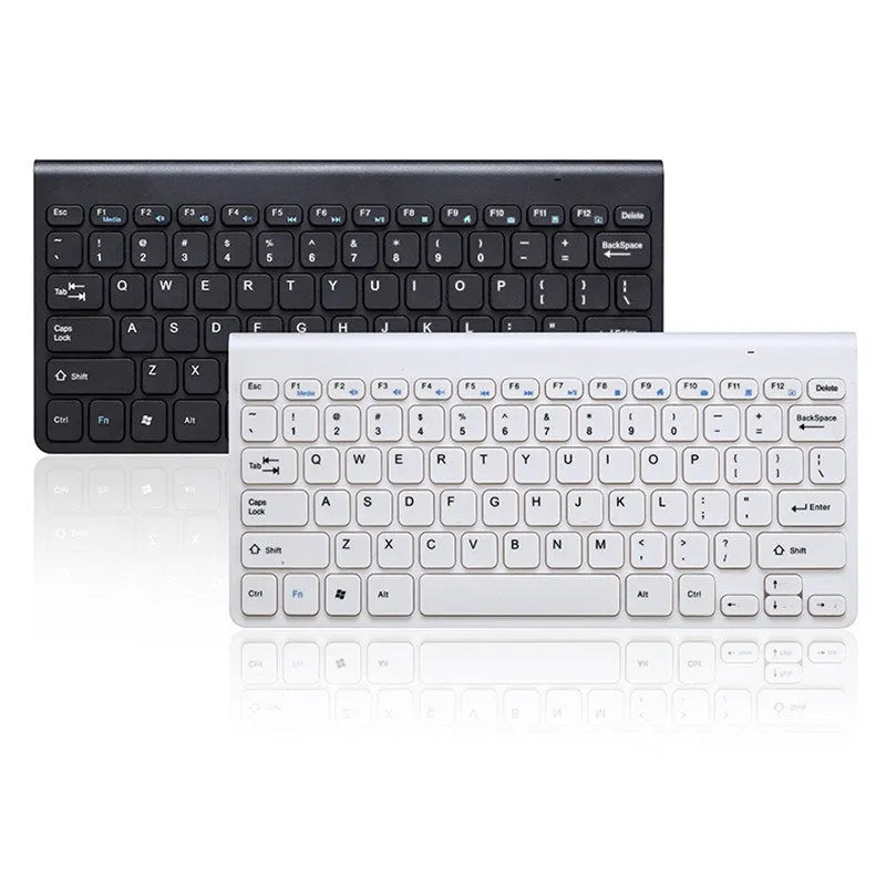 Black and white wireless keyboard and mouse set with USB receiver on wooden desk
