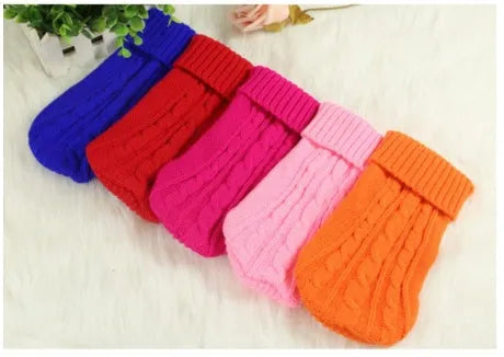Knitted wool dog sweater with fabric buttons, available in eight colours and sizes XS to XXL