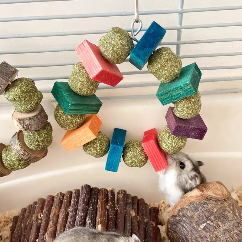 Hamster toy with Applewood molar chew rod and decorative straw ball ring for small pets