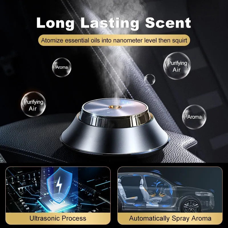 Black metal butterfly car aromatherapy air purifier with USB cable and essential oil bottle.