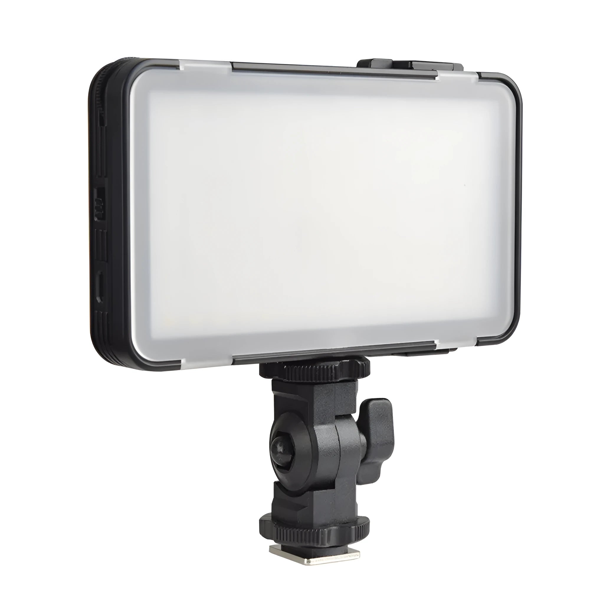 Shenniu M150 ultra-thin silver LED video light panel with mounting bracket on a table.