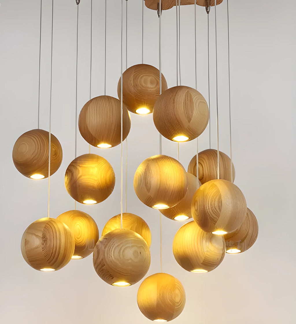 Nordic style solid wood ball chandelier pendant light with adjustable cord