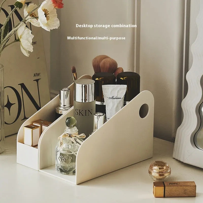 Plastic desktop storage box with two grid compartments in ivory white or milk coffee colour