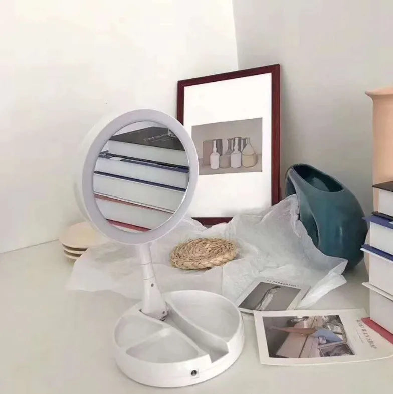 White foldable double-sided LED vanity mirror with USB charging port