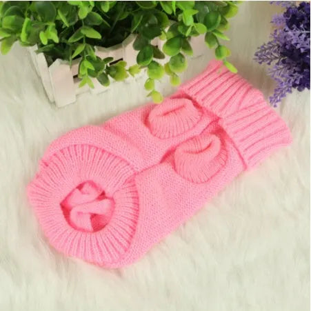 Knitted wool dog sweater with fabric buttons, available in eight colours and sizes XS to XXL