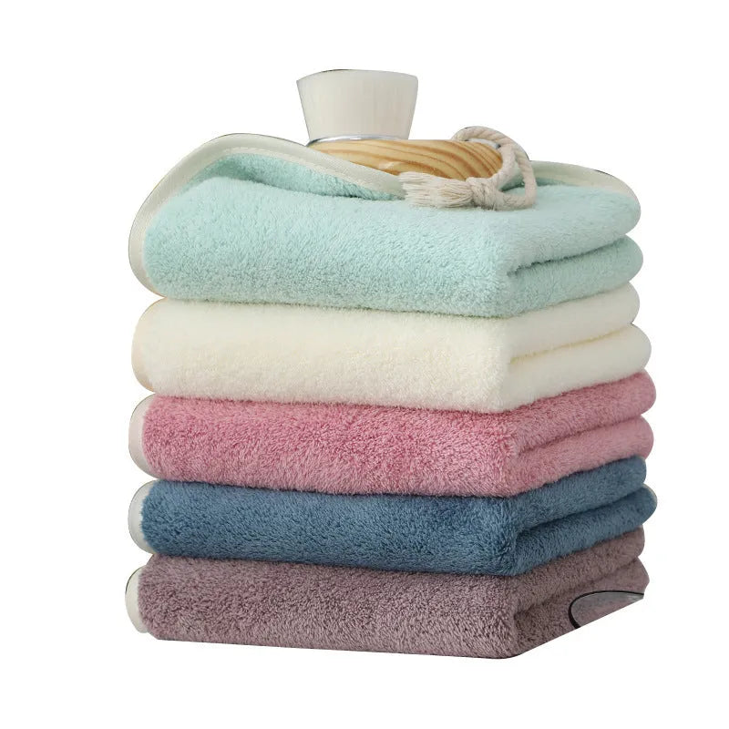 Thickened high density coral fleece face towel 30x60cm with plain weave and edging, shown in available colours for face washing