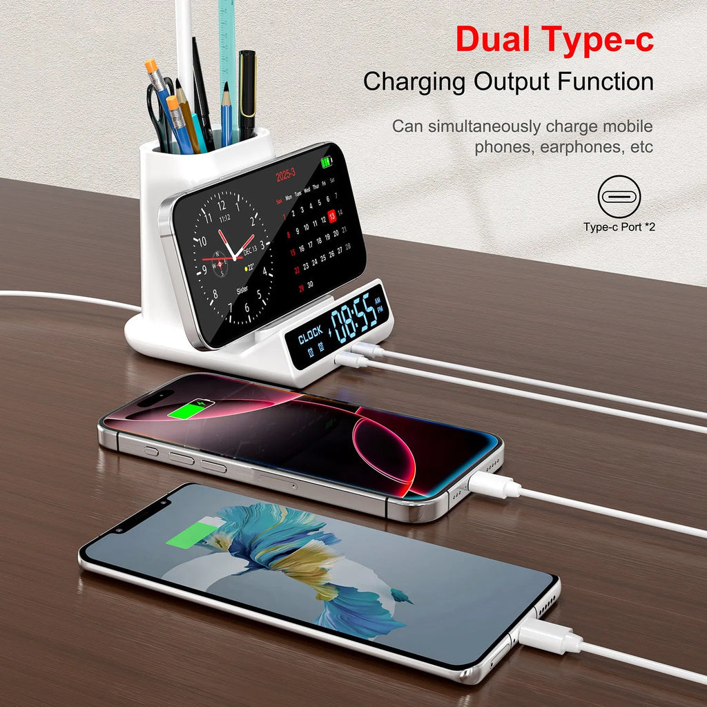 Black wireless charging desk lamp with pen holder and storage compartments