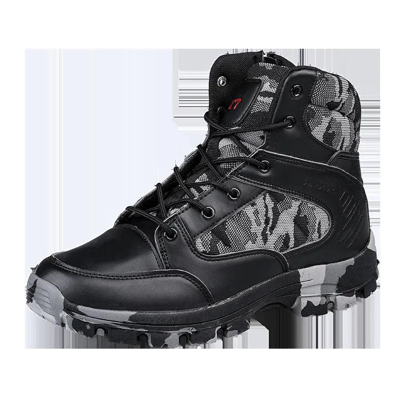 Men's black and camouflage high-top hiking shoes with PU upper and metal hardware detailing