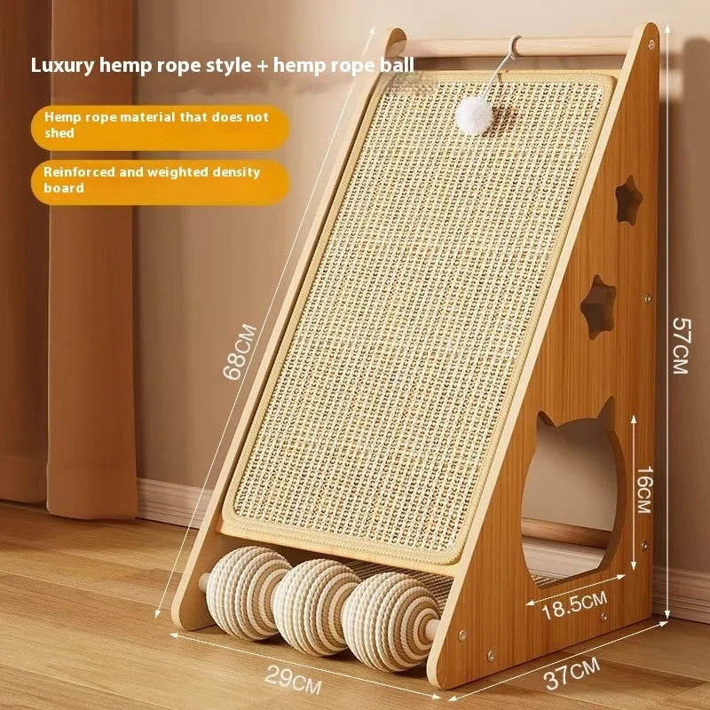 Vertical cat scratch board with sisal surface and wall-mounted design including cat teasing ball