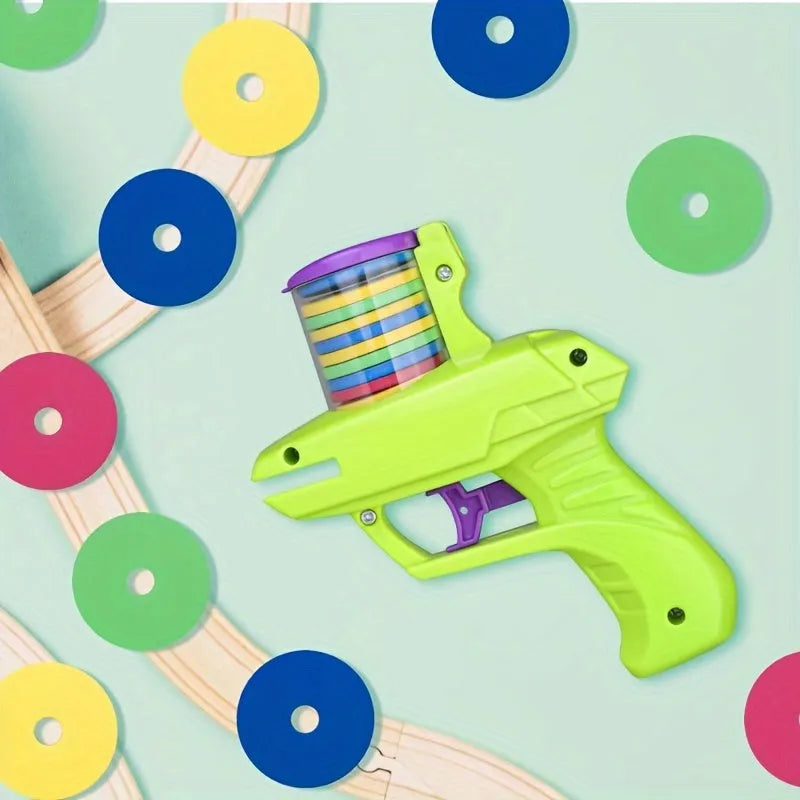 Green and purple battery-free interactive cat toy launcher with foam discs