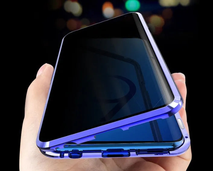 Black clamshell magnetic phone case for Samsung Galaxy phones with anti-peeping screen protection.