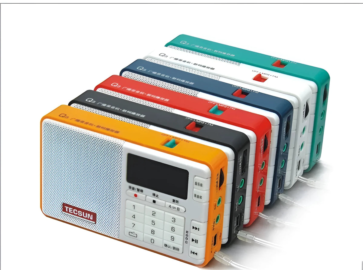 Tecsun Q3 white digital audio player with display and control buttons on front.