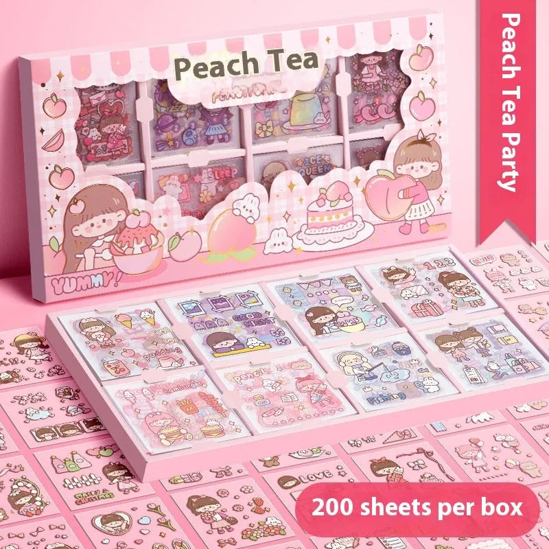 Children's goo card sticker book showing five themed collections: cute meatballs, peach tea party, star team, sweet diary, and happy everyday designs