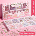 Children's goo card sticker book showing five themed collections: cute meatballs, peach tea party, star team, sweet diary, and happy everyday designs