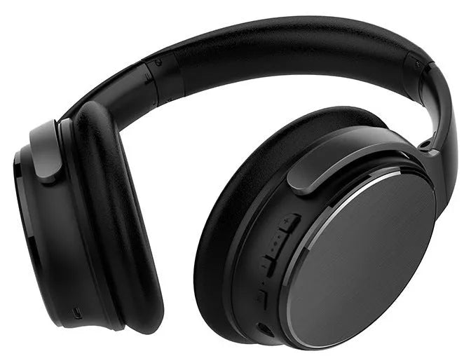 Black wireless noise reduction Bluetooth headset with aptX, 10m range, and included 3.5mm audio cable.