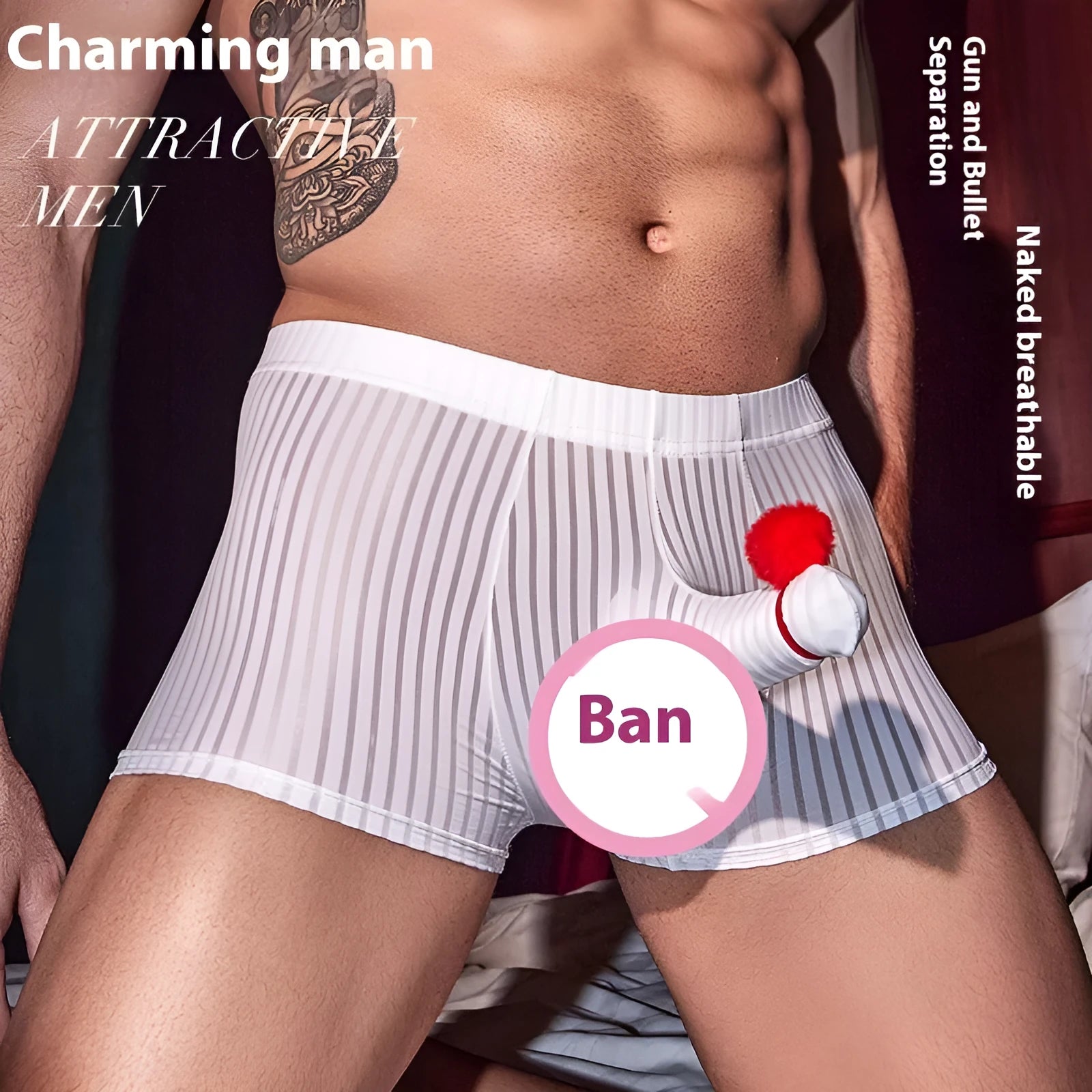 Men's black and white striped nylon boxer briefs laid flat, showing elasticated waistband and leg openings.