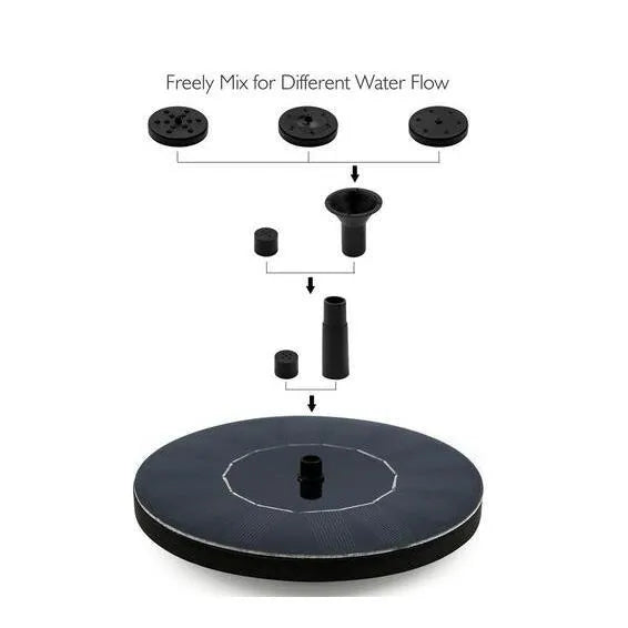 Black solar-powered fountain pump with multiple nozzles for garden ponds and birdbaths.
