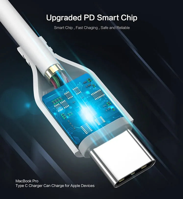White braided USB-C to Lightning charging cable, 1.8 metres long, coiled on a surface.