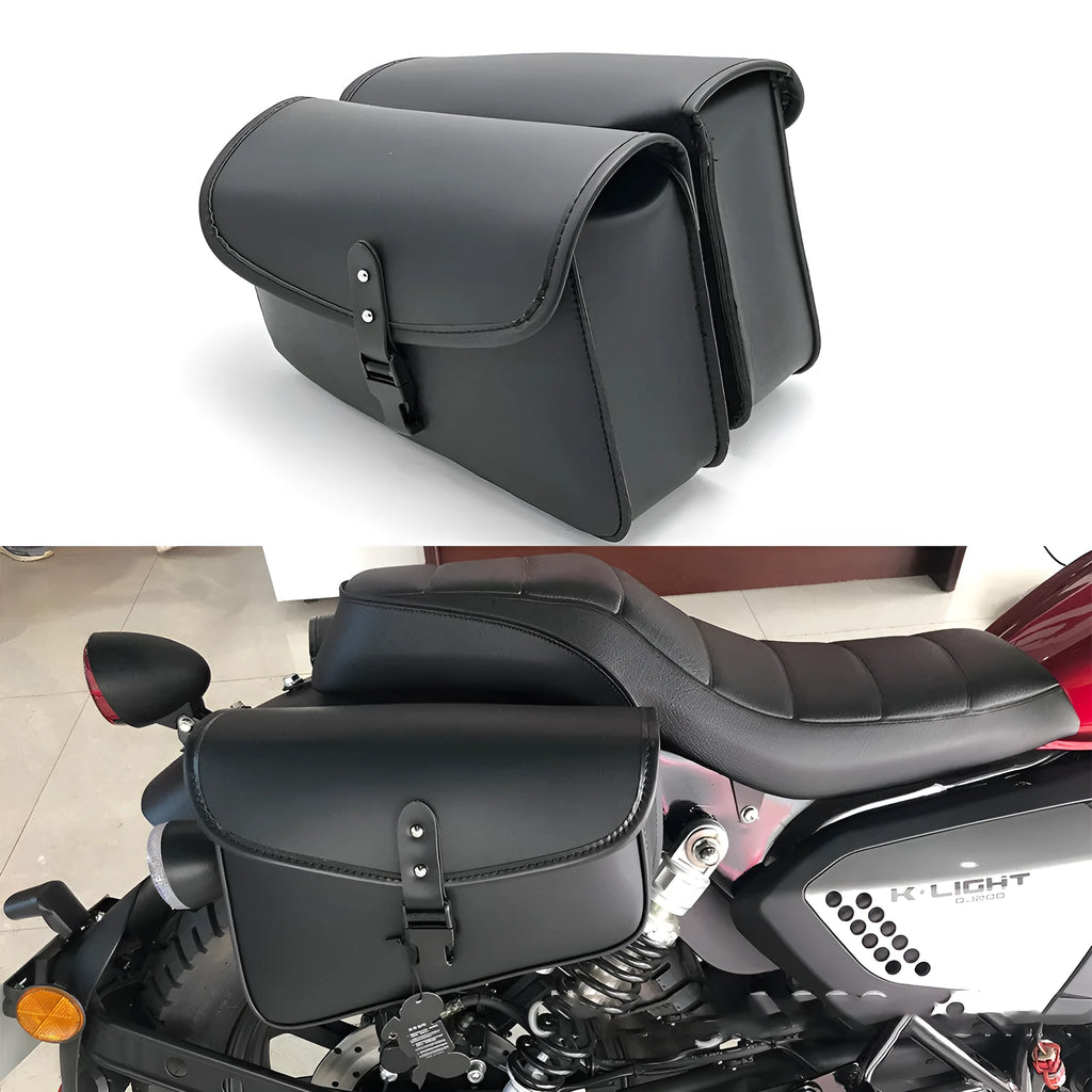 Black PU leather motorcycle swingarm side saddlebag mounted on a Sportster, showing its storage capacity.