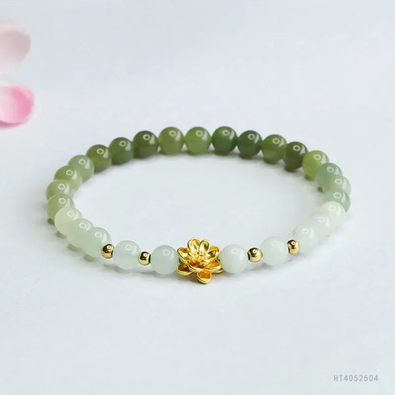 Hand-woven Hetian jade bracelet with water gradient colour and 6mm floral beads