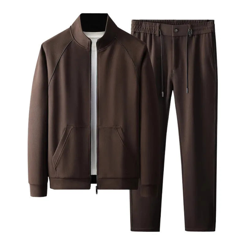 Men's slim fit stand collar casual sports suit in Vinylon fabric, showing coat and trousers.